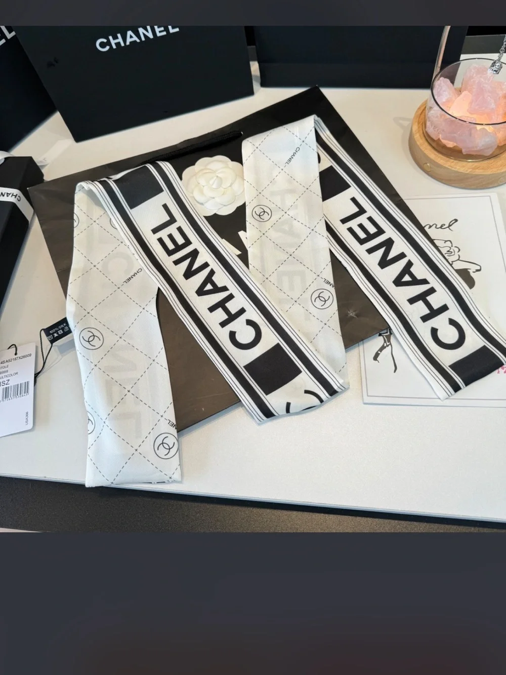 🖤 Double C Designer Black White Letter Logo Spell Out Silk Scarf